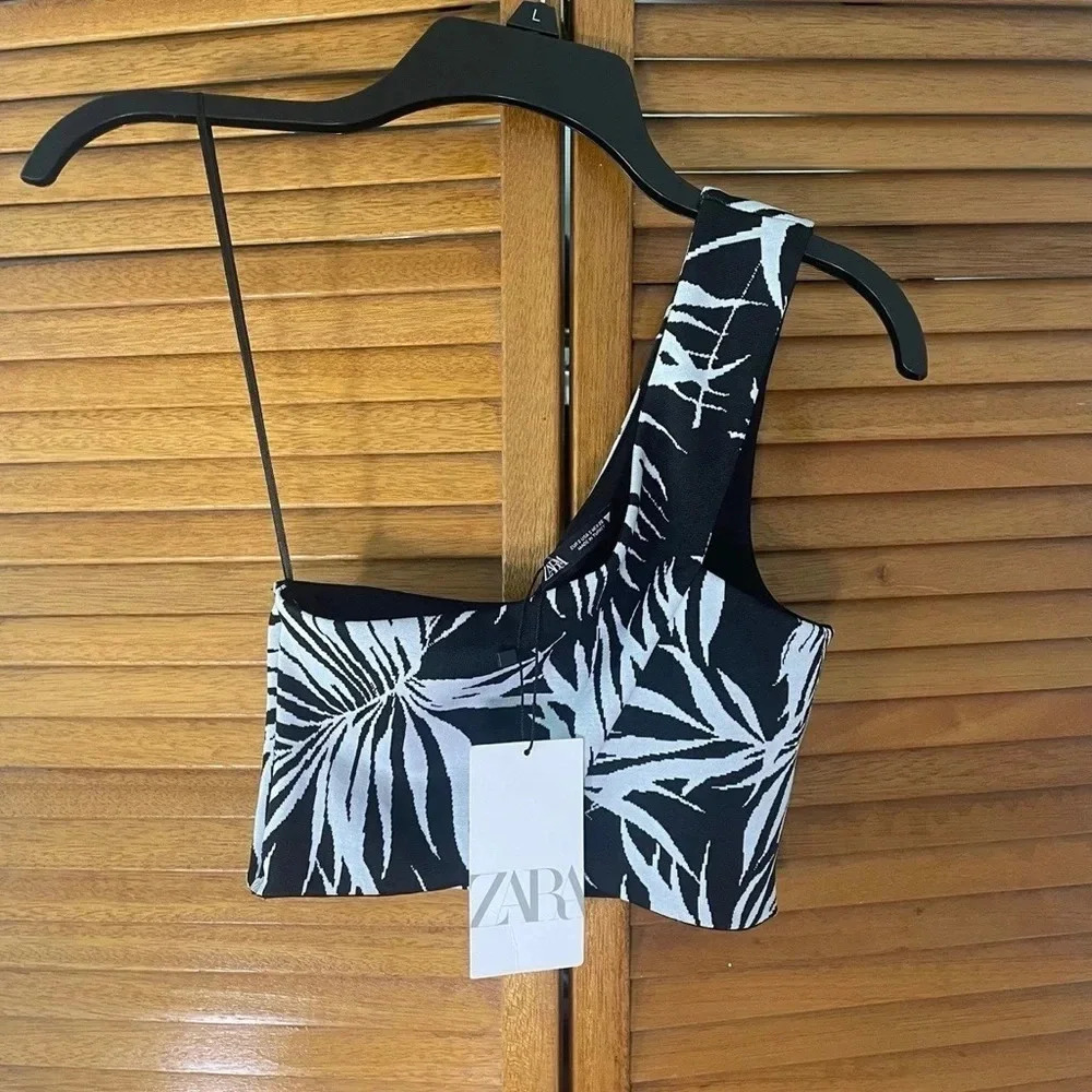 Zara One Shoulder Palm Print Jacquard Cross Over Crop Top S NWT - Picture 1 of 5